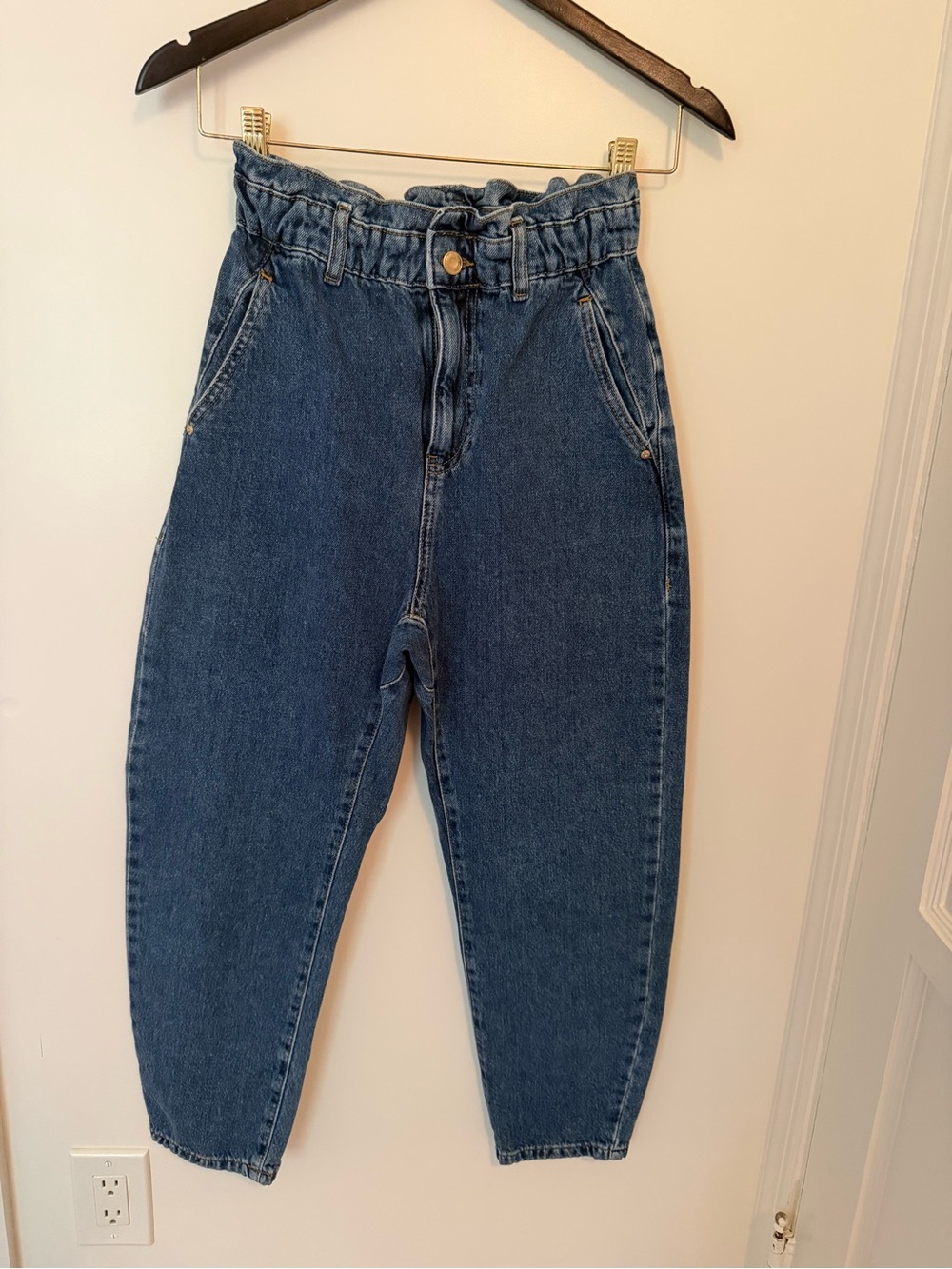 Zara Indigo High-Rise Paperbag Denim Jeans